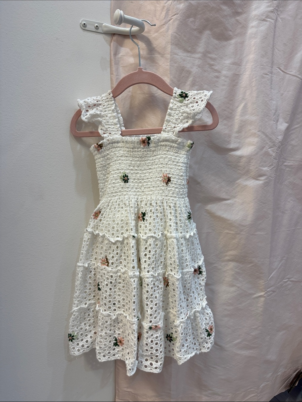 Hill House White Eyelet Dress with Pink and Green Floral Embroidery